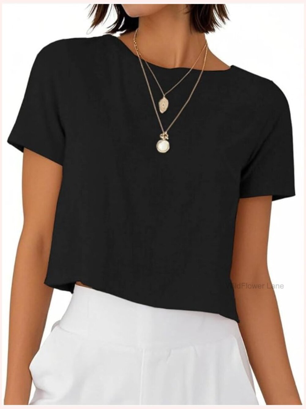 Linen Blend Cropped Short Sleeve Crewneck T-Shirt Blouse Top